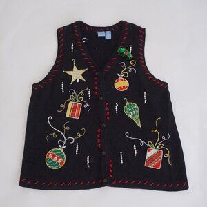 Vintage Holiday Editions Black Knit Beaded Ornament Christmas Sweater Vest 1X